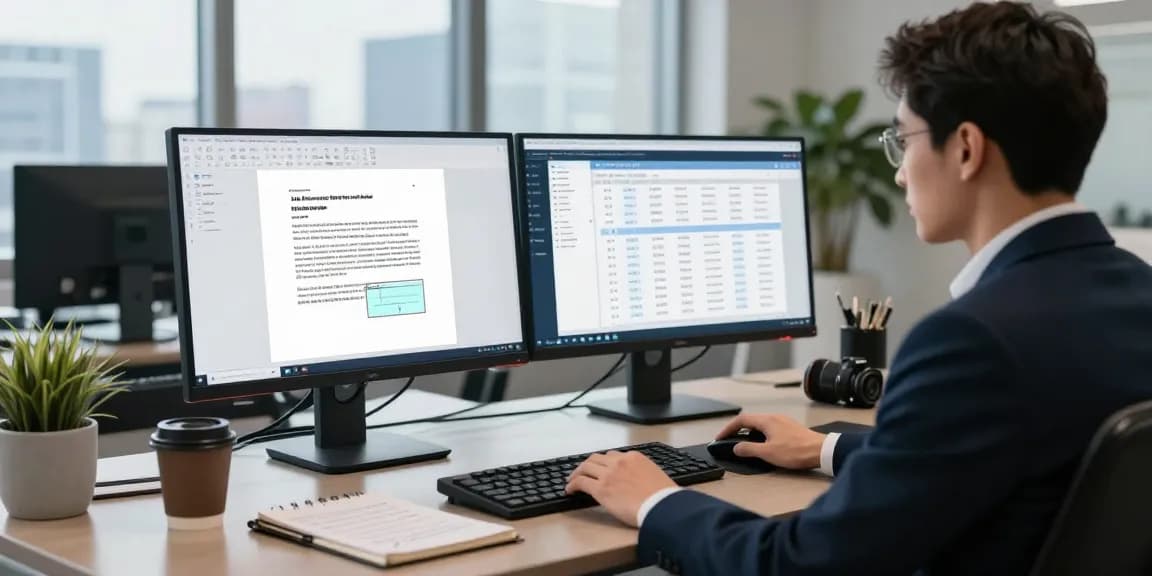 Document fraud detection analysis in a modern workspace showing advanced software identifying a fraudulent document.