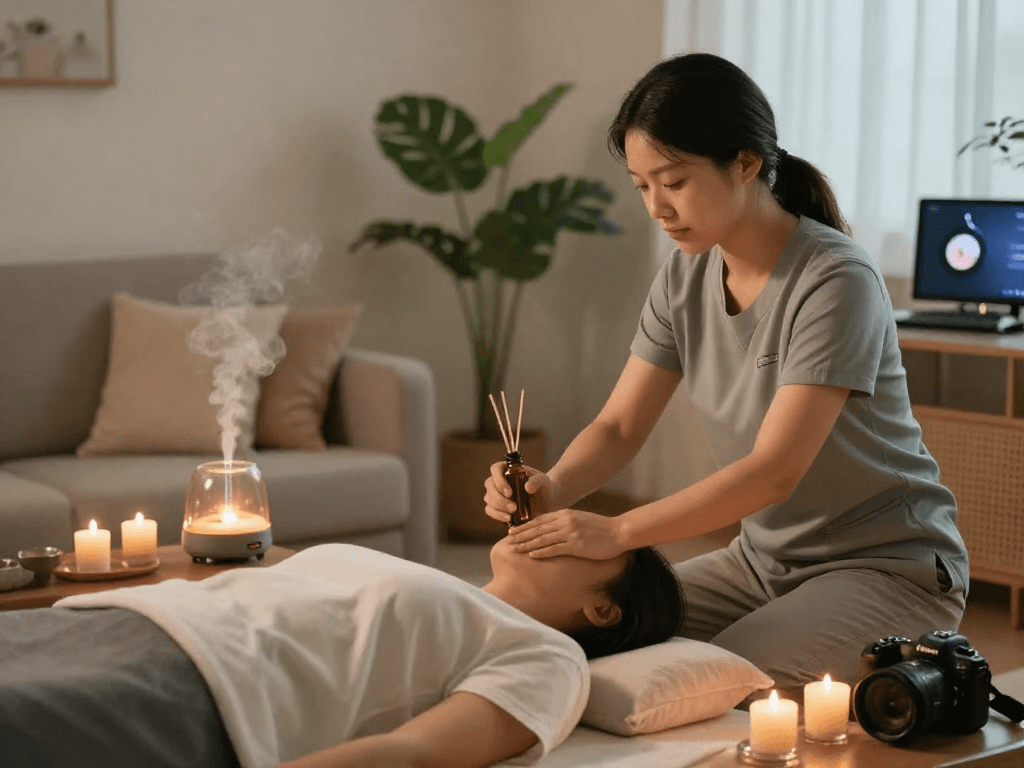 용인출장마사지 in a tranquil living room setting with soothing oils and a relaxing atmosphere.