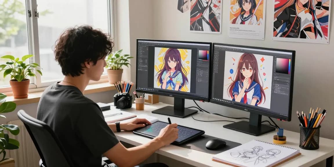 AI ecchi artwork creation in a vibrant anime workspace with artist using tablet and colorful screens.