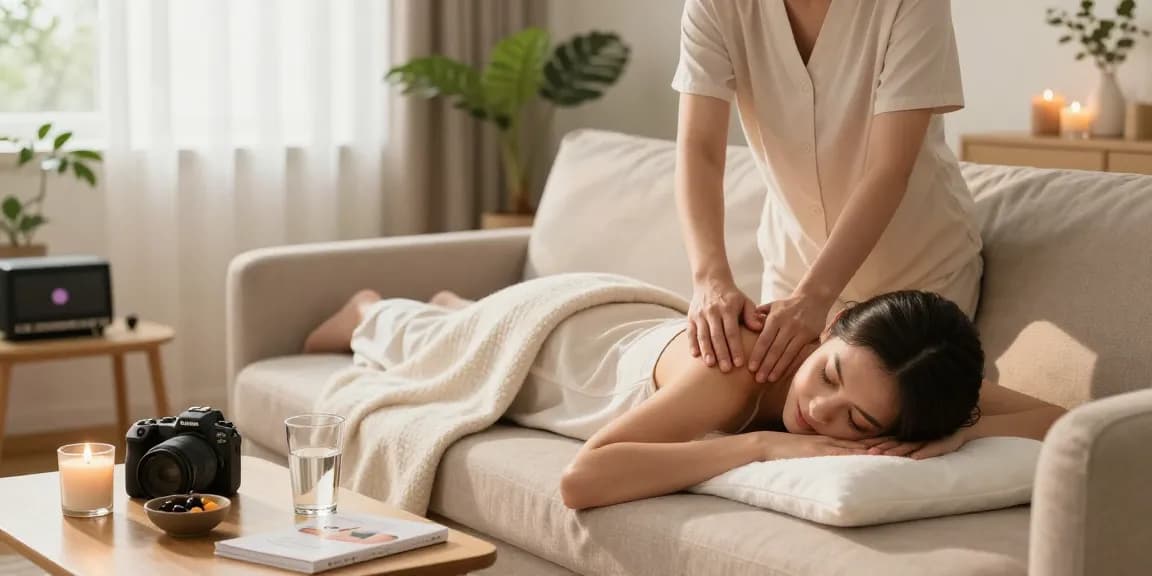 Experience 부평출장마사지 in a serene home setting, featuring a woman relaxing during a soothing massage with candles and plants.