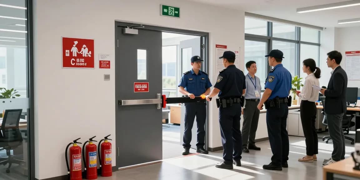 Security personnel demonstrating the use of an exit door in a commercial building safety drill.