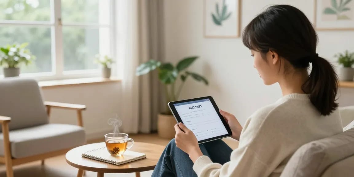 Person calmly taking an OCD test in a serene wellness space, with tablets and calming decor.