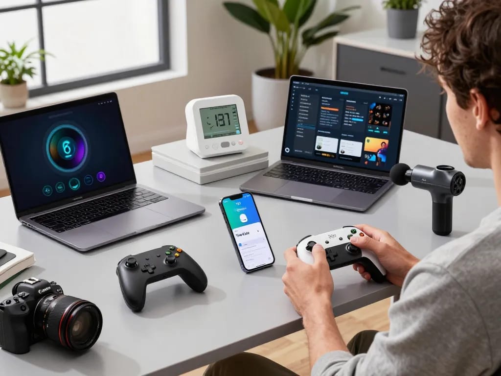 The latest tech gadgets 2104 showcase in a modern workspace with a user enjoying the 8BitDo Ultimate 2 controller and various innovative devices.