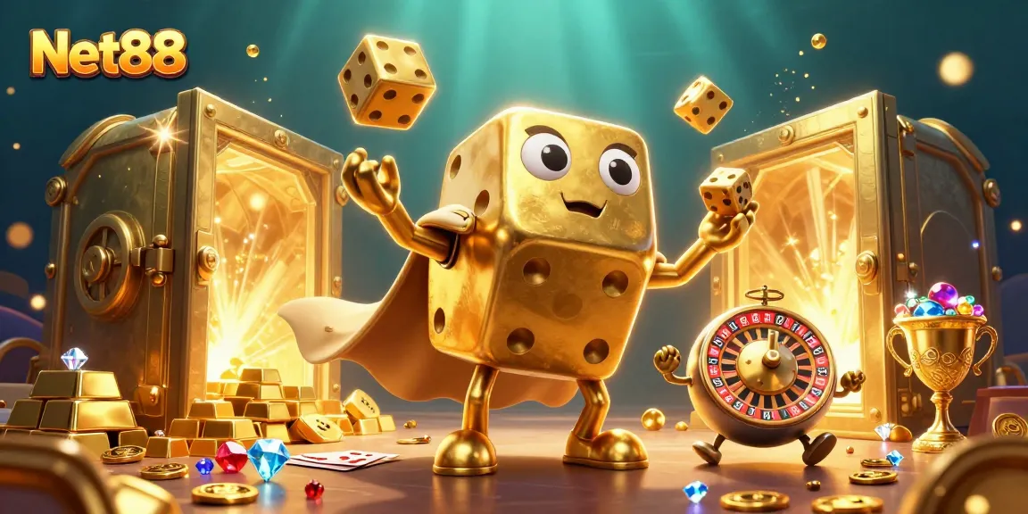 Net88 promotes winning strategies with vibrant golden dice and gems in a dynamic casino scene.