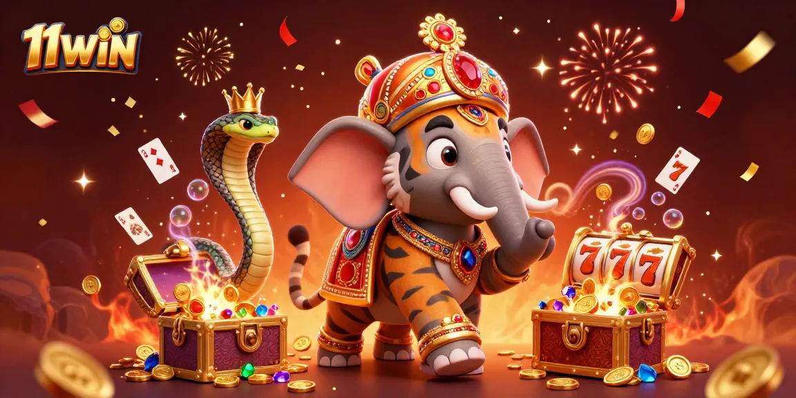 Join the fun at 11WIN with a colorful 3D casino illustration filled with excitement and treasures.
