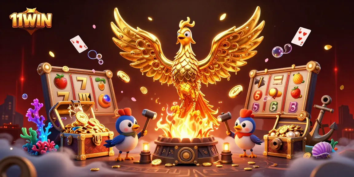 A 3D illustration showcasing 11WIN with a golden phoenix and slot game elements capturing vibrant casino energy.
