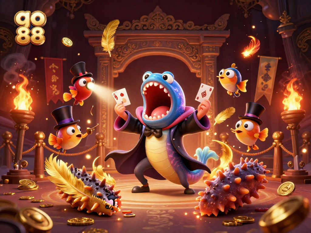 Experience go 88's magic with a bioluminescent eel performing card tricks in a vibrant casino setting.
