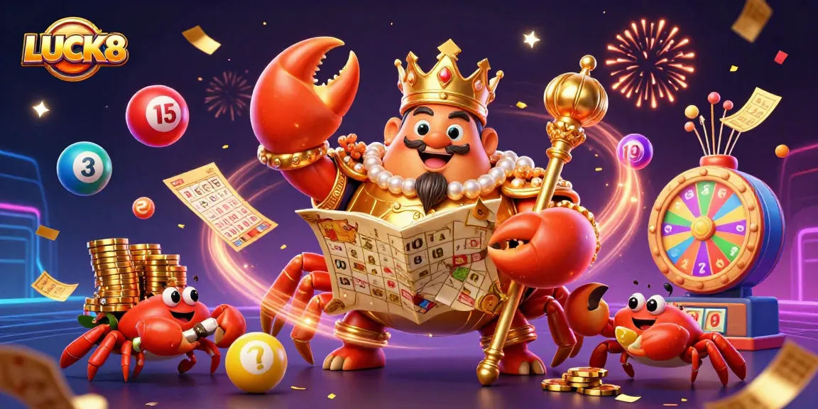 LUCK8 offers vibrant lottery gaming action with colorful balls and a golden emperor amidst confetti celebration.