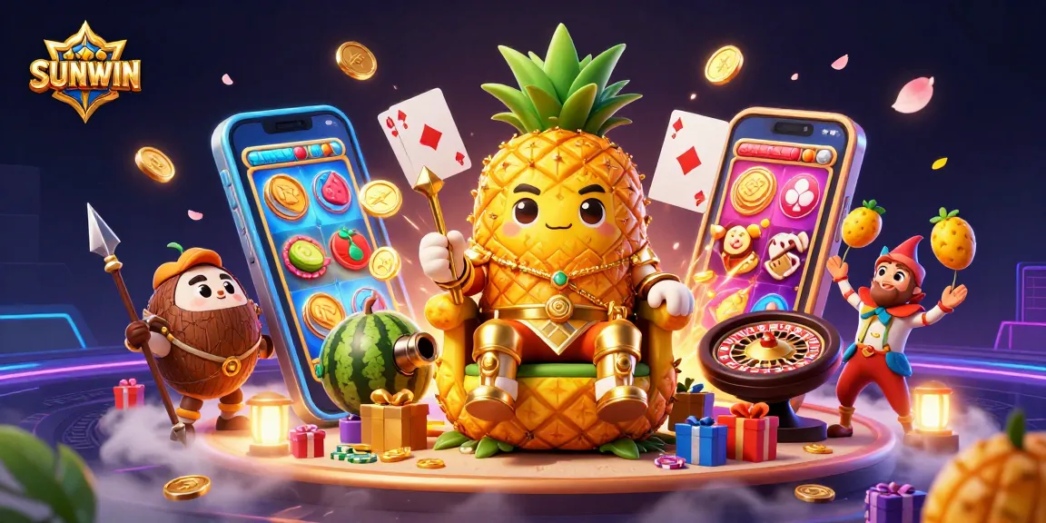 Engage with SUNWIN's vibrant online gaming experience featuring a golden pineapple king and dynamic casino elements.
