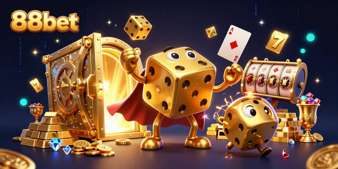 Engage with 88bet's thrilling slots featuring a vibrant golden dice golem illustration.