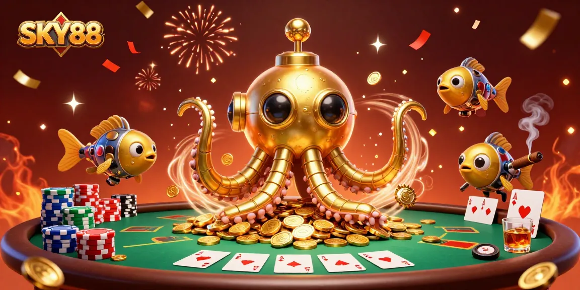 Engage in a vibrant gaming scene featuring SKY88 with a kraken submarine and poker elements.