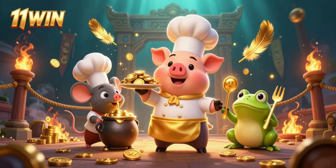 Experience epic winnings with 11WIN as a chef pig serves gold coins in a dynamic casino scene.
