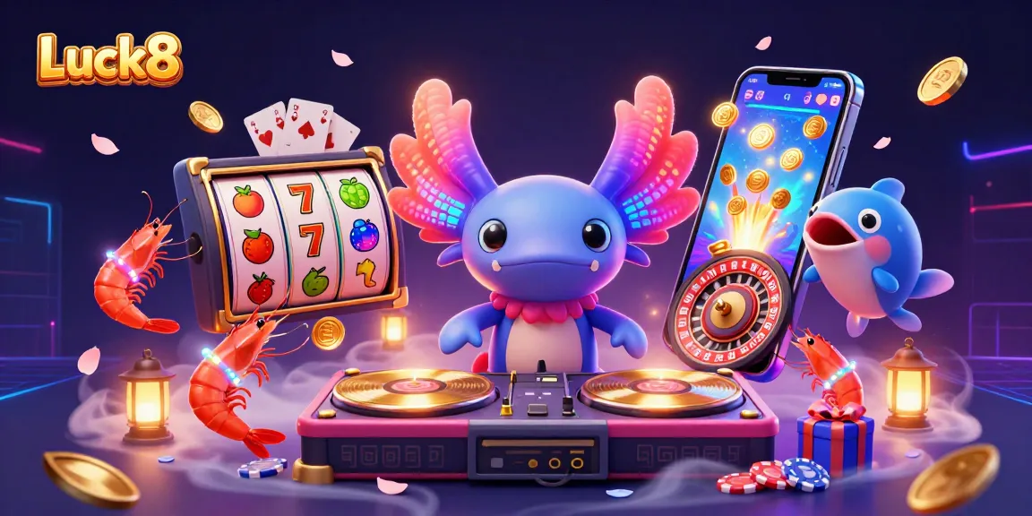Luck8 slots illustrated with a neon axolotl DJ spinning, vibrant game elements, and lively characters.