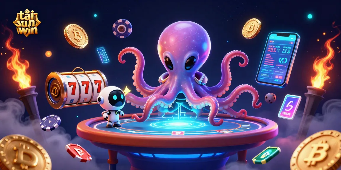 Experience the excitement of tải sun win with a 3D alien octopus at a poker table, surrounded by cryptocurrencies and vibrant decor.