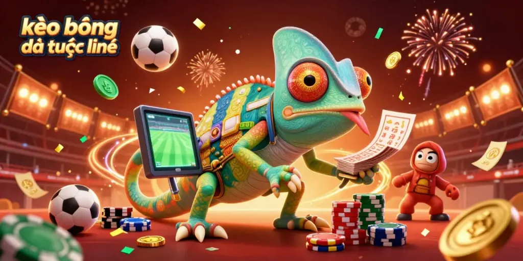 Capture the excitement of kèo bóng đá trực tuyến with a colorful chameleon casino owner among celebratory elements.