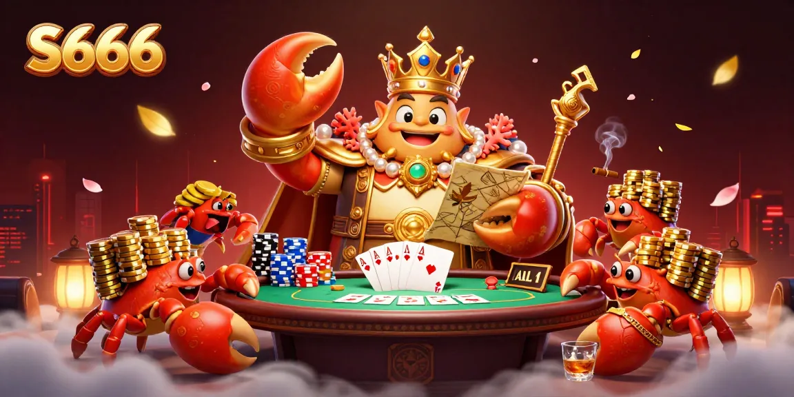 S666 invites players to experience intense poker action with the majestic golden crab emperor amidst colorful chips and glowing cards.