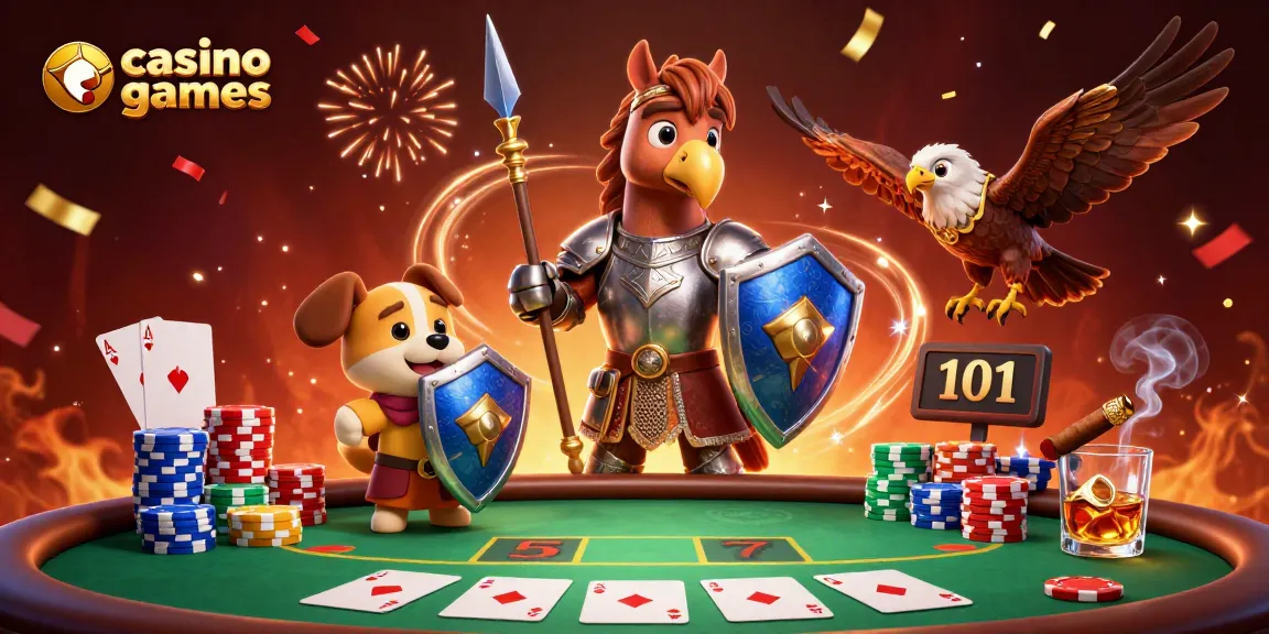 Experience thrilling casino games with knights and a puppy at a poker table in this vibrant illustration.