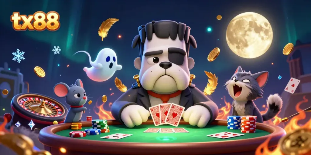 Experience thrilling card games at tx88 with a spooky atmosphere featuring unique characters.