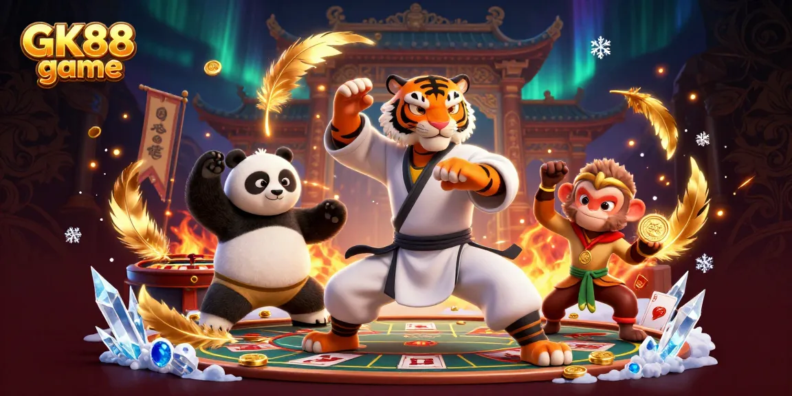 Engage in the GK88 game with a thrilling 3D casino scene featuring lively characters and casino elements.