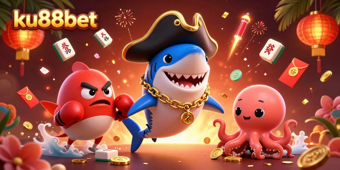 Engage with thrilling games at ku88bet, featuring animated characters and festive gambling elements in a vibrant scene.