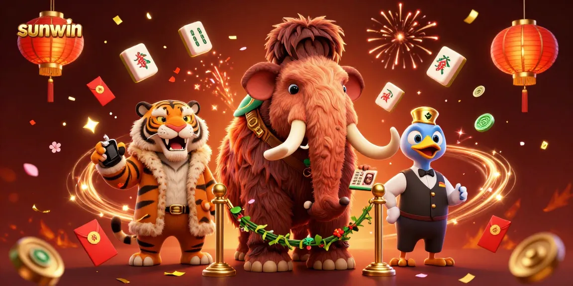Engage with sunwin's vibrant casino scene featuring a woolly mammoth bouncer and festive elements.
