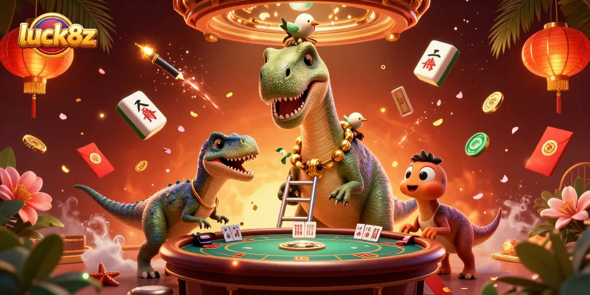 Engage with luck8z at this vibrant casino scene, where a giant brontosaurus highlights the excitement of poker.