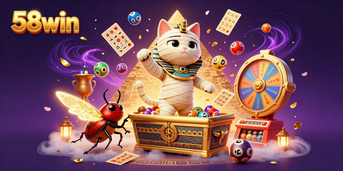 Engage in the vibrant world of 58win with a dynamic scene of a pyramid casino featuring a mummy cat, lottery elements, and captivating visuals.