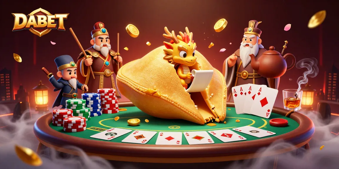 DABET offers immersive gaming experiences with a giant fortune cookie, wise dragon, and vibrant poker table scene.
