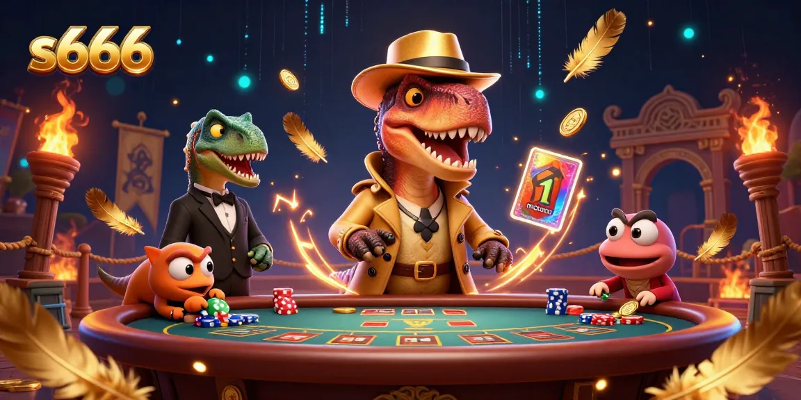 S666 velociraptor card counter conspicuously navigating a blackjack table while being watched by a stegosaurus pit boss, enhanced with dramatic casino elements.