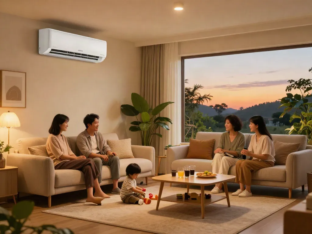 Comfortable family living room cooled by an 18k mini split AC, showcasing a cozy atmosphere with children playing.