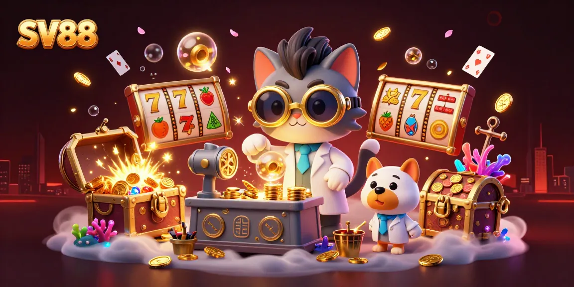 Engage with SV88's explosive slot action in a vibrant casino-themed illustration of mad scientist cat.