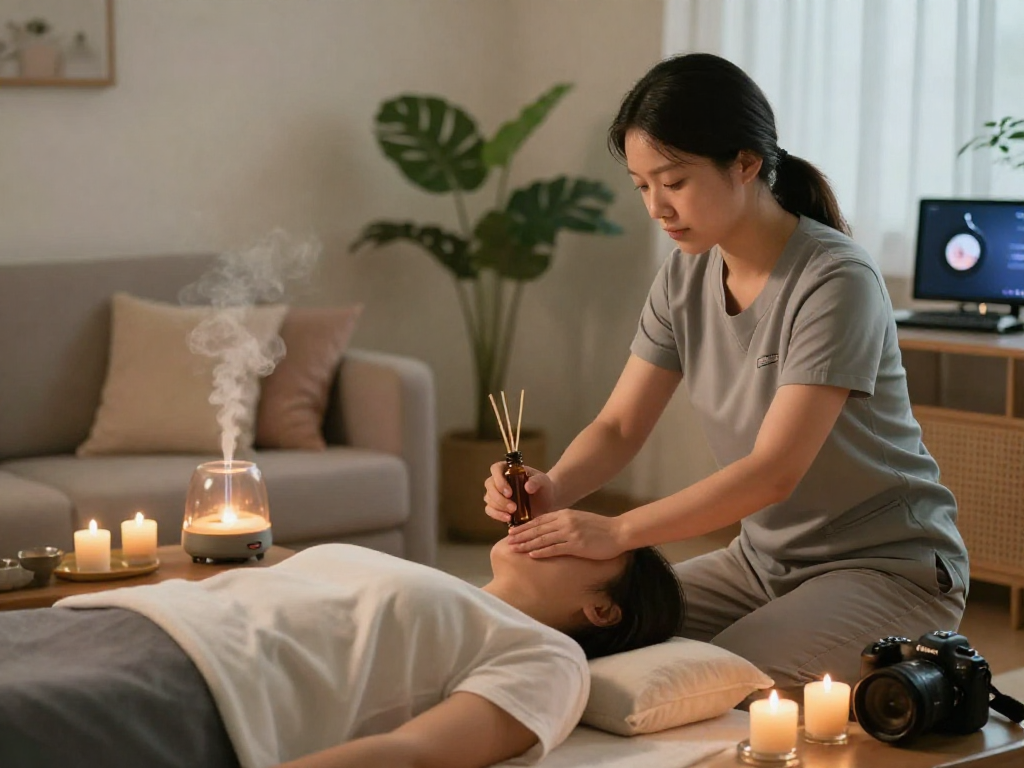 용인출장마사지 in a tranquil living room setting with soothing oils and a relaxing atmosphere.