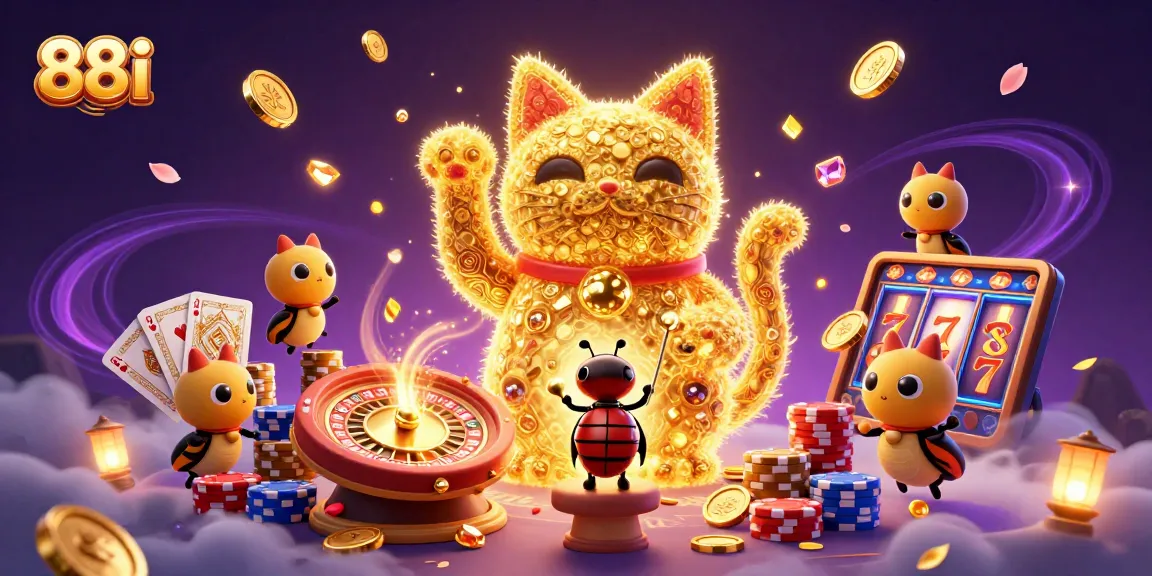 Experience the excitement of 88i with a vibrant illustration featuring the lucky cat amidst casino symbols.