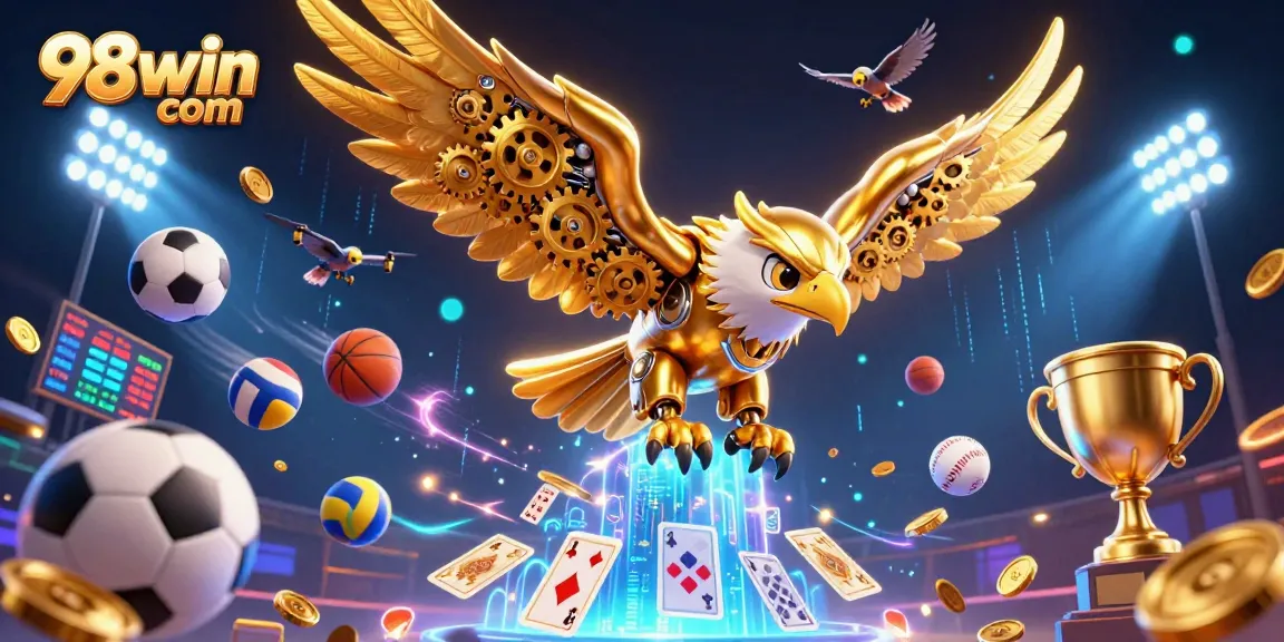 Experience thrilling action with 98win com, featuring a cybernetic eagle surrounded by sports dynamics