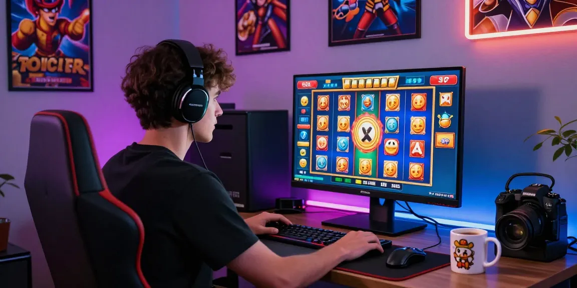Pemain slot online fokus di depan komputer dengan grafik permainan yang cerah, menciptakan suasana judi yang menarik.