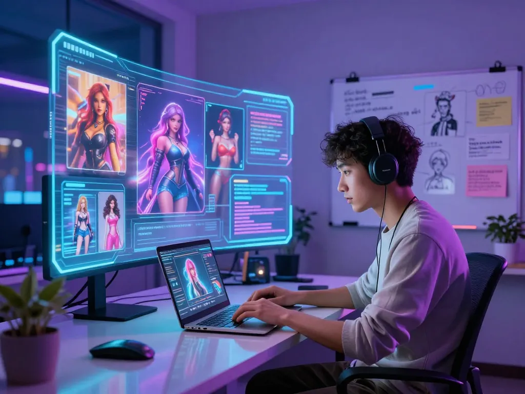 AI developer creating engaging ai nsfw character designs in a futuristic digital studio.