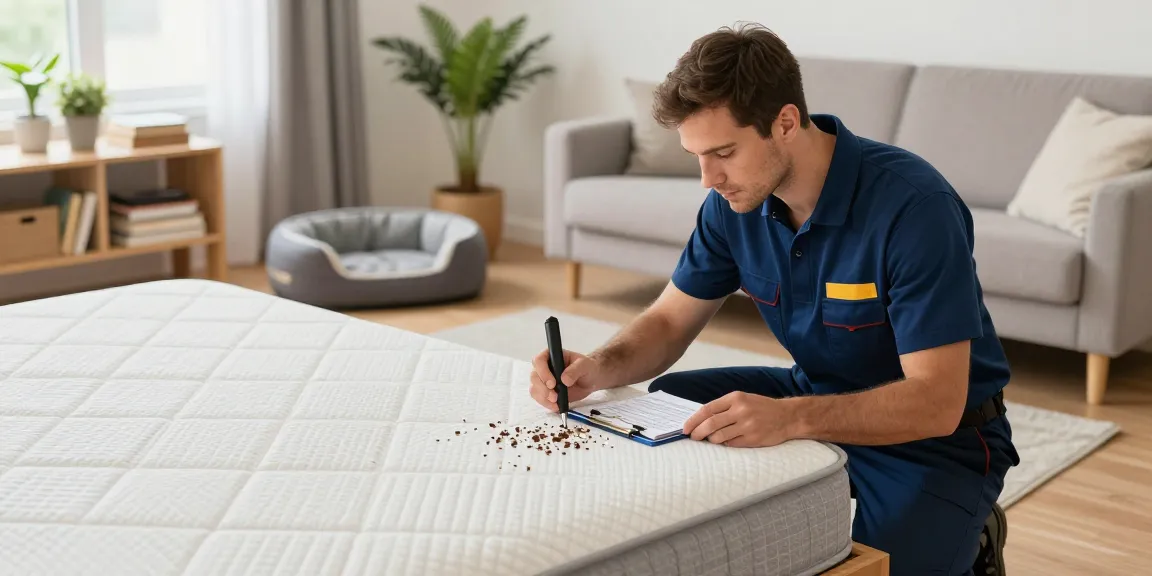 bed bug pest control expert inspecting a mattress in a cozy living room