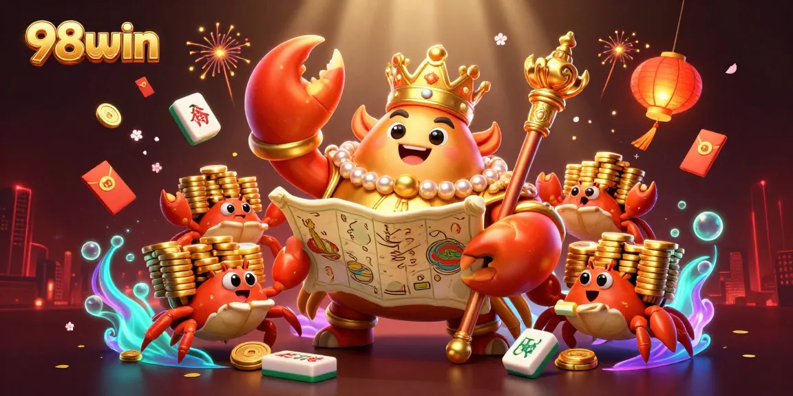 Experience the exciting world of gambling with 98win's lavish 3D casino illustration featuring a golden crab emperor.