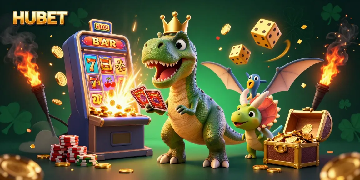 Experience exciting casino fun at HUBET with a lively T-Rex and friends among slot machines and gold!