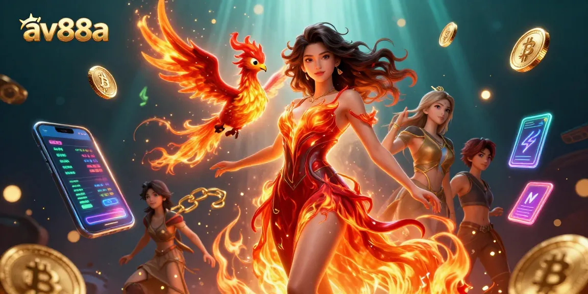 Engage with av88a through stunning illustration featuring a fiery Asian woman amidst digital casino elements.