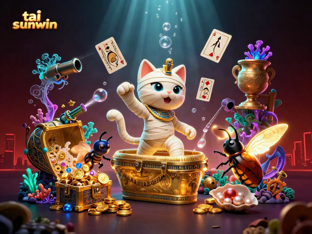 Experience the thrill of tai sunwin with a vibrant scene of a mummy cat and golden treasures in a pyramid casino.