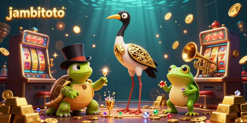 Engage with the dynamic jambitoto scene showcasing a delightful 3D cartoon crane and turtle amidst a backdrop of vibrant slot machines and treasures.