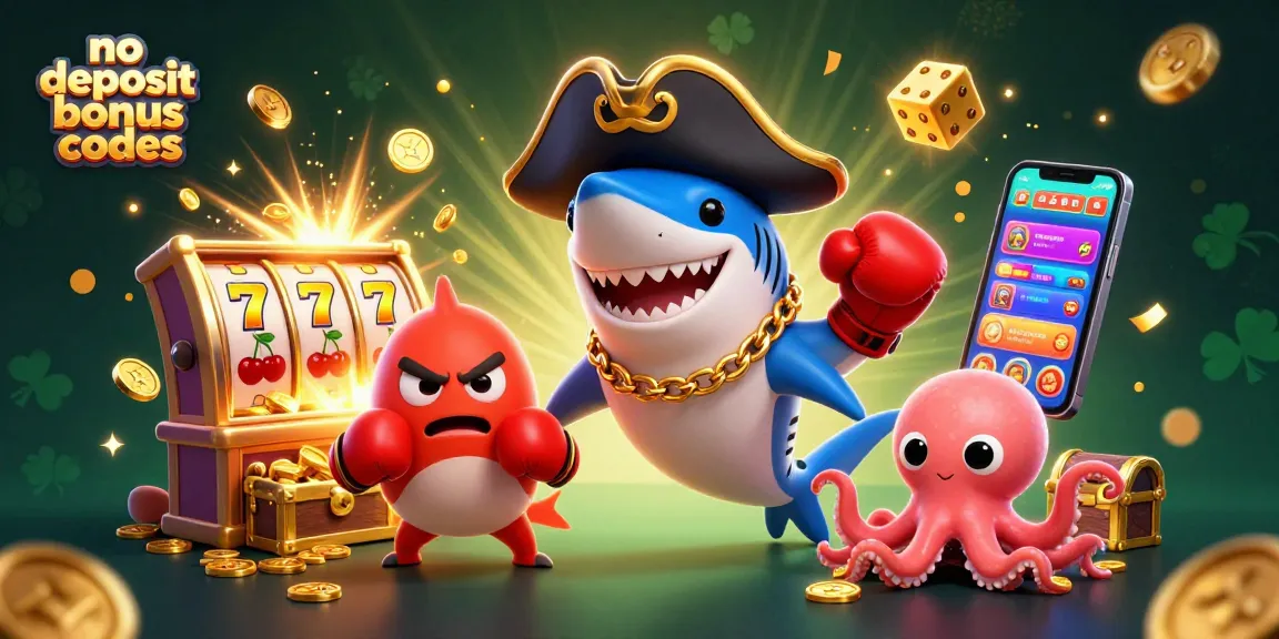 Engage with exciting no deposit bonus codes featuring a pirate shark, pufferfish, and gold coins.