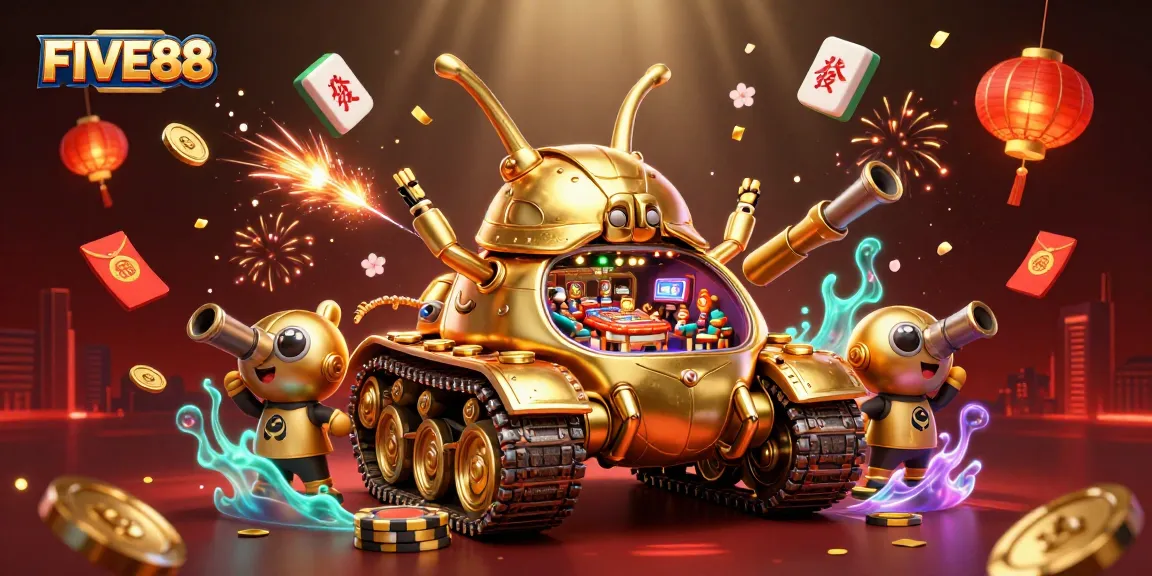 Experience FIVE88's dynamic gaming adventure with a golden casino beetle tank and vibrant elements.