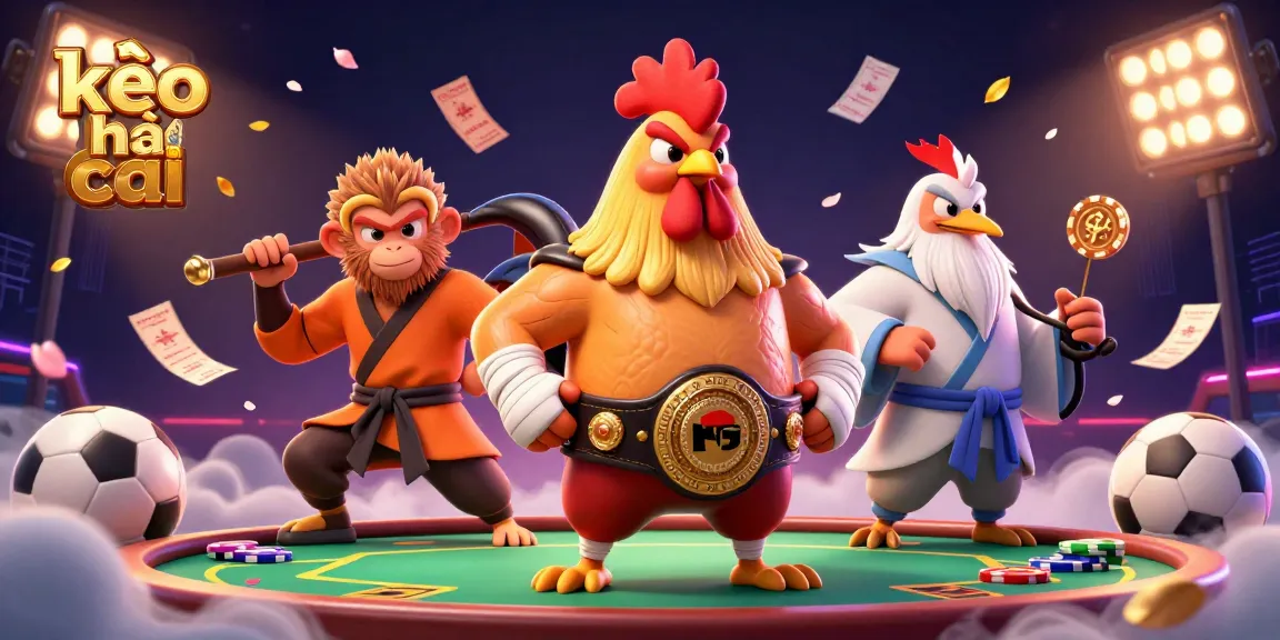 Engage with kèo nhà cái betting strategies as a fierce rooster, monkey martial artist, and crane master compete in a vibrant casino setting.