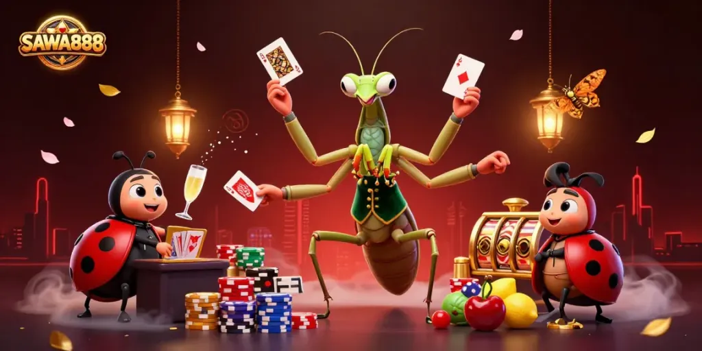 SAWA888 showcases an exciting poker scene with a unique 3D illustration featuring a mantis dealer and vibrant casino elements.