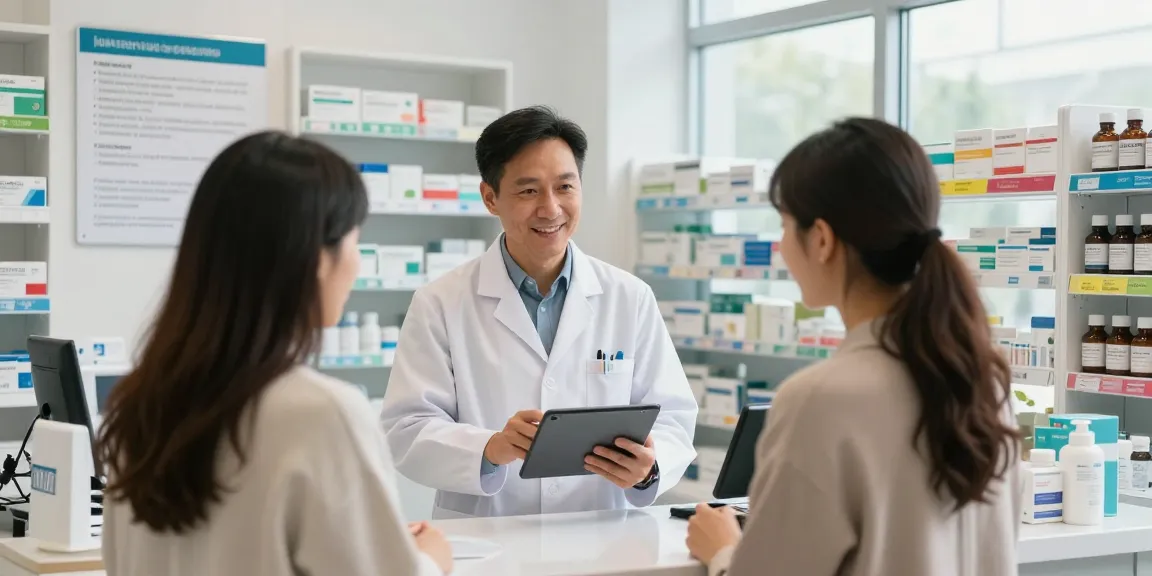 Pharmacist assisting a customer inquiring about ketamine buy options in a modern pharmacy, showcasing an inviting environment.