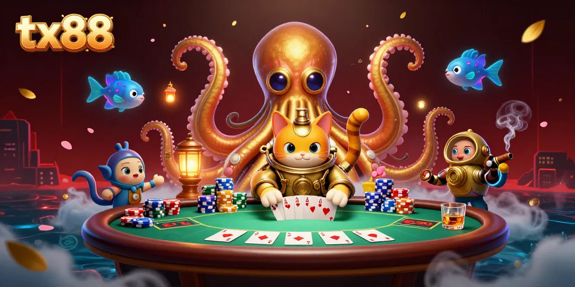 Engage in thrilling gameplay at tx88 with a colorful, action-packed casino scene featuring a kraken and more.