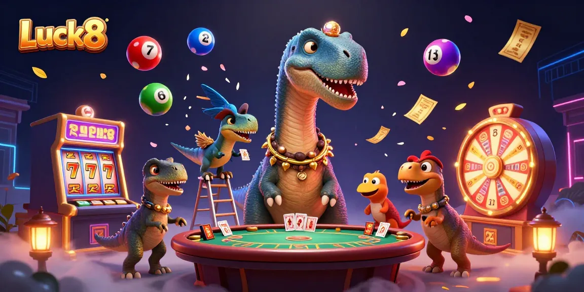 Experience thrilling gaming with Luck8 as a giant brontosaurus peers over a lively casino scene.