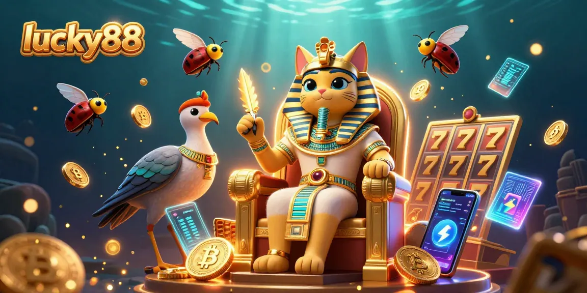Engage with lucky88, showcasing the excitement of slots with vibrant characters and crypto elements.